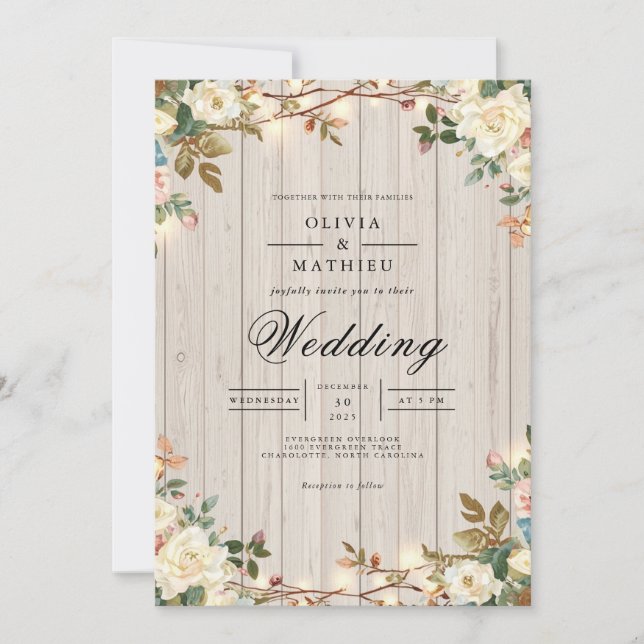 Invitation Mariage de grains de bois en fleurs rustiques (Devant)