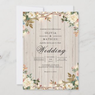 Invitation Mariage de grains de bois en fleurs rustiques