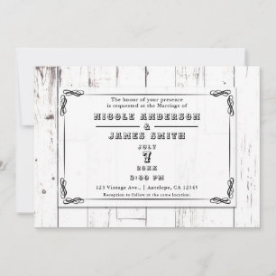 Invitation Mariage de grange en bois blanc shabby chic vintag