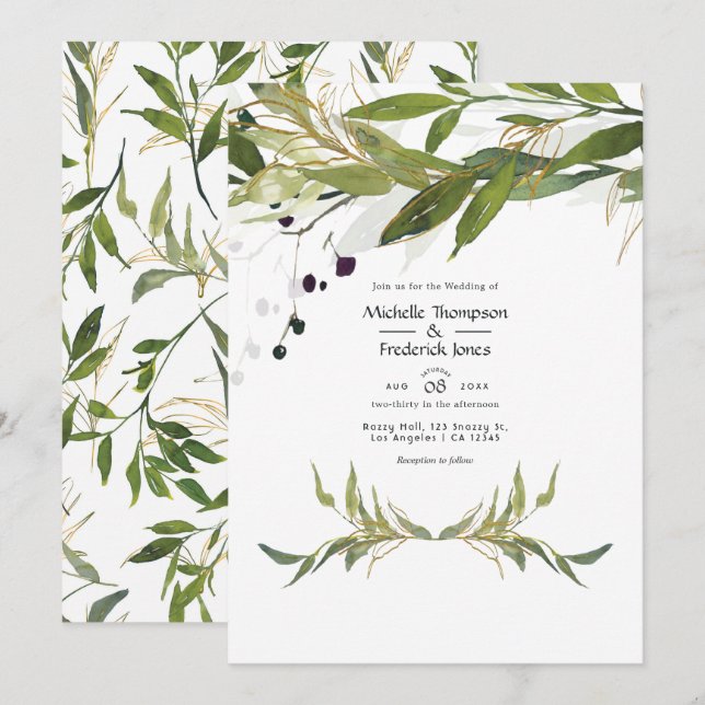 Invitation Mariage de grange rustique à l'aquarelle verdoyant (Devant / Derrière)