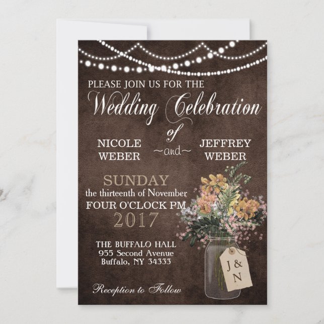 Invitation Mariage de grange rustique lumières Mason Jar (Devant)