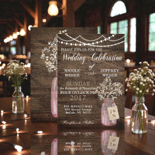 Invitation Mariage de grange rustique Rose Pâle Jar Mason Bab