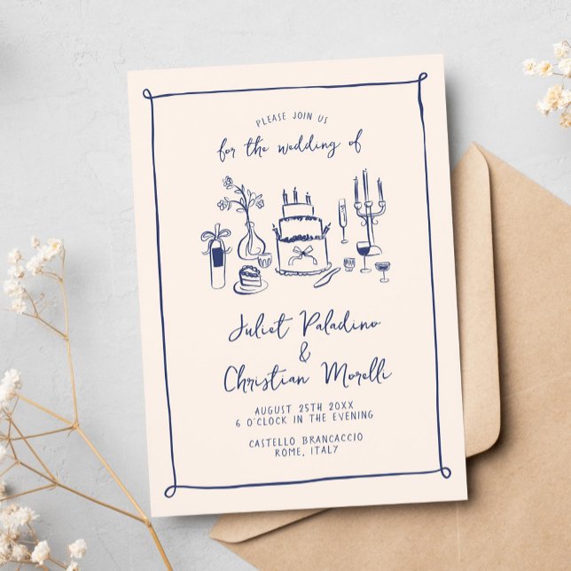 Invitation Mariage de gribouillis de Whimsical Doodle main ti (whimsical hand drawn wedding invitation with wedding table cake and drink illustrations)