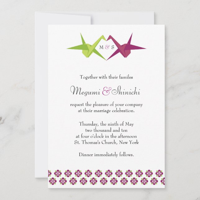 Invitation Mariage de grue papier Origami (Devant)