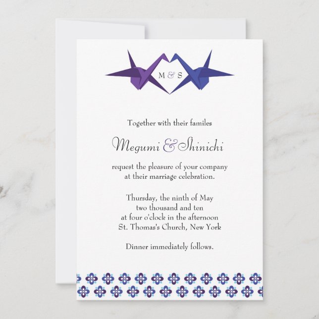 Invitation Mariage de grues Origami (bleu et violet) (Devant)