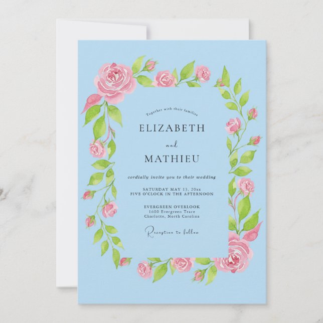 Invitation Mariage de guirlande de roses bleu ciel (Devant)