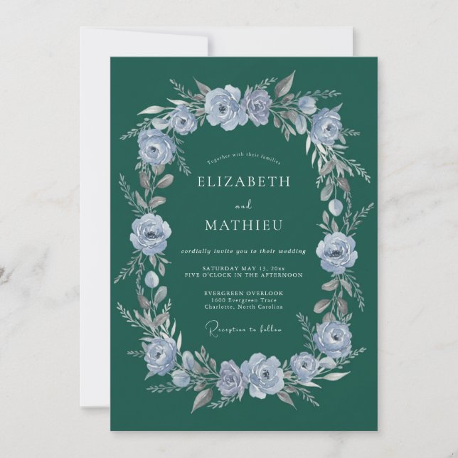 Invitation Mariage de guirlande florale bleue poussiéreuse sa (Devant)