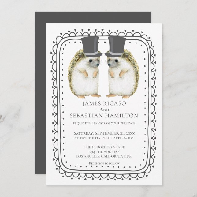 Invitation Mariage de Hedgehog Cute Gay Grooms (Devant / Derrière)