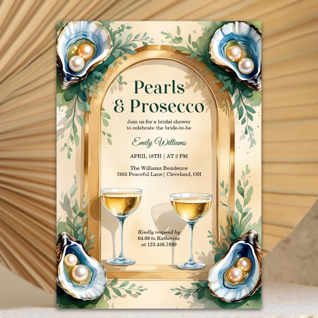 Invitation Mariage de Huîtres de Mer et Prosecco pour une Mar (Pearls & Prosecco Bridal Shower – Coastal Oyster, Champagne Coupes, Gold Arch, Personalized)