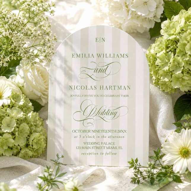 Invitation Mariage de jardin à monogramme rayé vert (Créateur téléchargé)