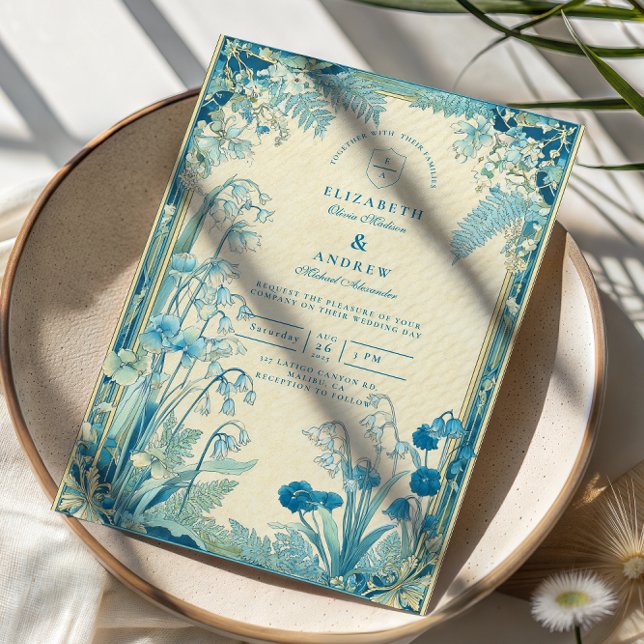 Invitation Mariage de jardin antique à fleurs bleues (Créateur téléchargé)
