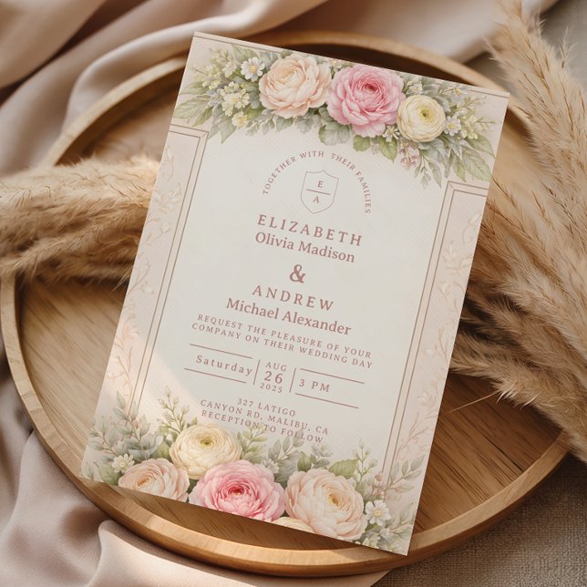 Invitation Mariage de jardin aux roses ranunculus rosées (Créateur téléchargé)