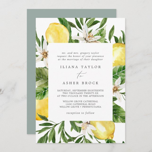 Invitation Mariage de jardin de citron moderne (Devant / Derrière)