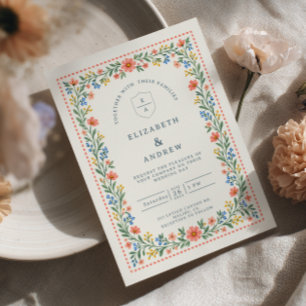 Invitation Mariage de jardin de cottage floral folk corail