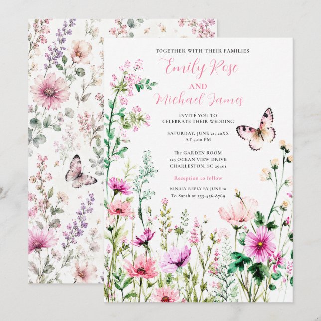 Invitation Mariage de jardin de fleurs sauvages roses (Devant / Derrière)