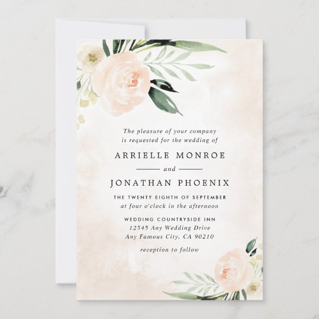 Invitation Mariage de Jardin Élégant Fleurs Roses Champagne (Devant)