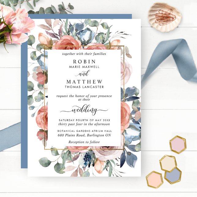 Invitation Mariage de Jardin Élégant Floral Bienheureux, Bleu (Créateur téléchargé)
