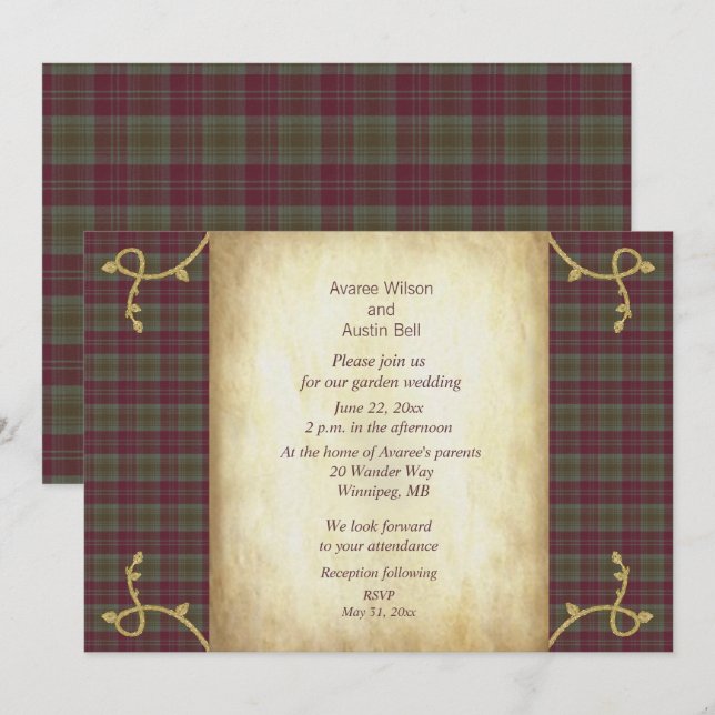 Invitation Mariage de jardin en tartan écossais vieilli de Li (Devant / Derrière)
