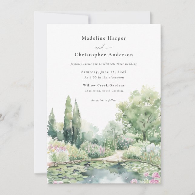 Invitation Mariage de jardin estival élégant à l'aquarelle (Devant)