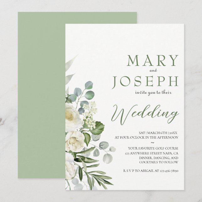 Invitation Mariage de jardin extérieur floral vert sauge élég (Devant / Derrière)