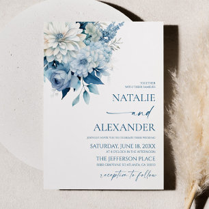 Invitation Mariage de jardin fleuri bleu poussiéreux et blanc