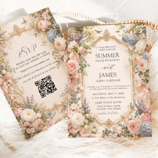 Invitation Mariage de Jardin Floral Anglais Régence QR RSVP
