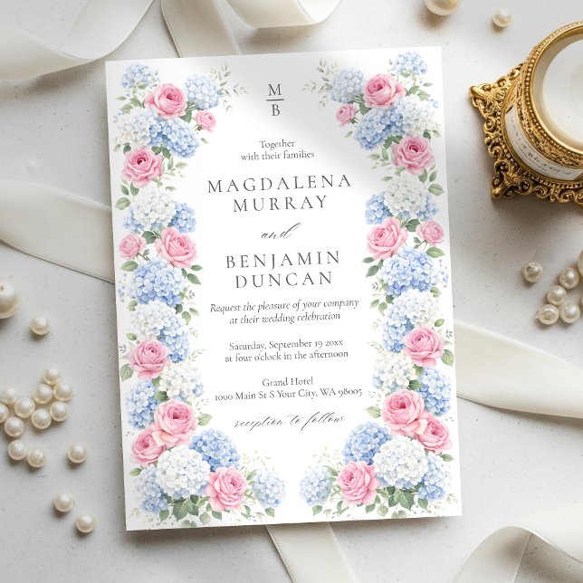 Invitation Mariage de jardin floral avec hortensia bleu et ro (Créateur téléchargé)