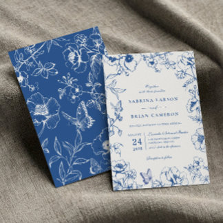 Invitation Mariage de jardin floral bleu royal élégant