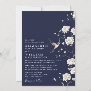 Invitation Mariage de jardin floral chinoiserie bleu marine
