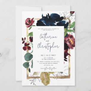 Invitation Mariage de jardin floral élégant en bordeaux et bl