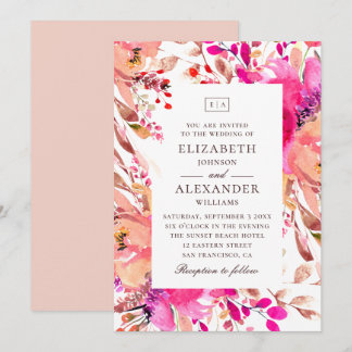 Invitation Mariage de jardin floral rose et pêche à l'aquarel