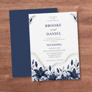 Invitation Mariage de jardin moderne Navy Lily argenté