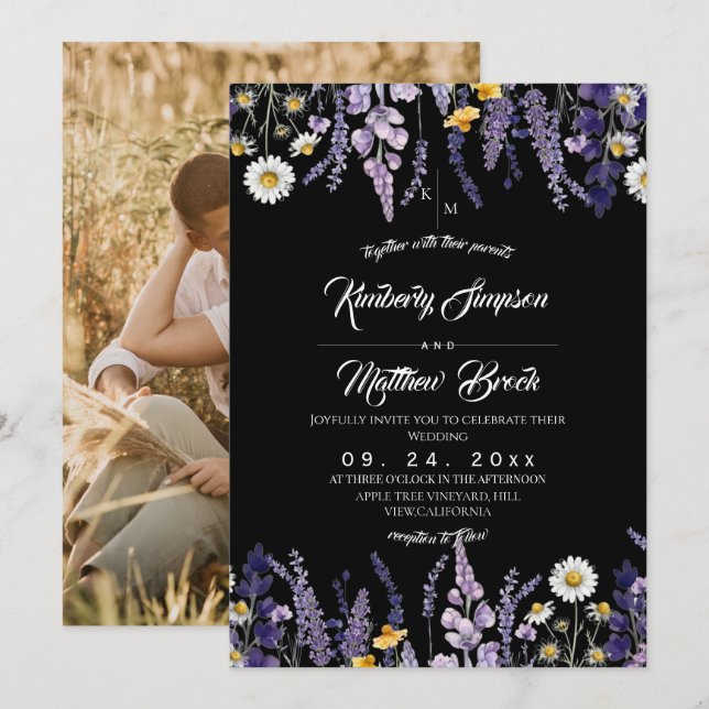 Invitation Mariage de jardin rustique à la lavande et aux fle (Devant / Derrière)