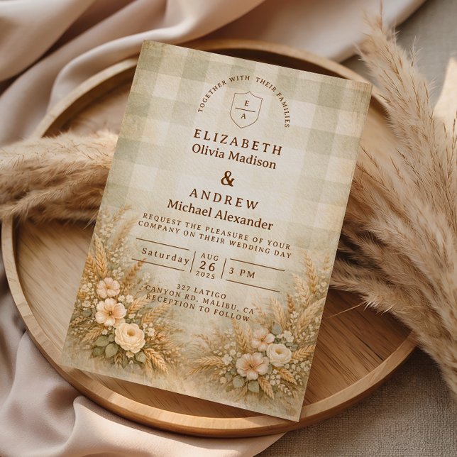 Invitation Mariage de jardin rustique avec blé et fleurs sauv (Créateur téléchargé)