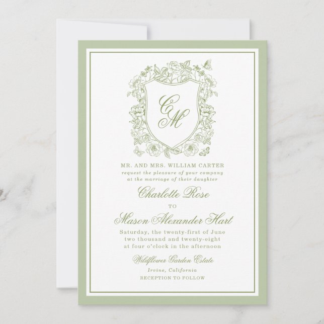 Invitation Mariage de Jardin Vert Sauge Monogramme Blason (Devant)