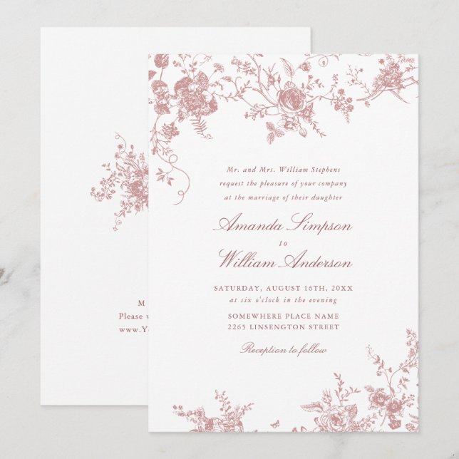 Invitation Mariage de jardin victorien Dusty Blush Rose (Devant / Derrière)