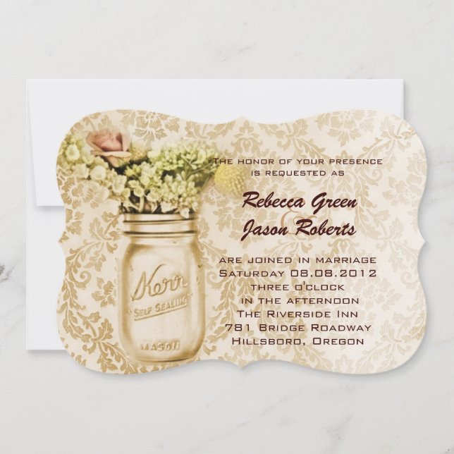 Invitation mariage de jarre de maçon en damas floral occident (Devant)