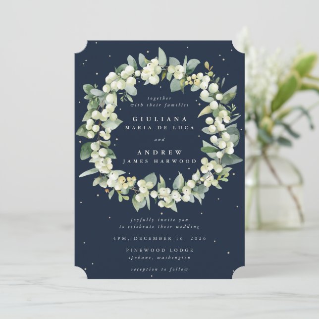 Invitation Mariage de la couronne bleu marine Snowberry+Eucal (Debout devant)