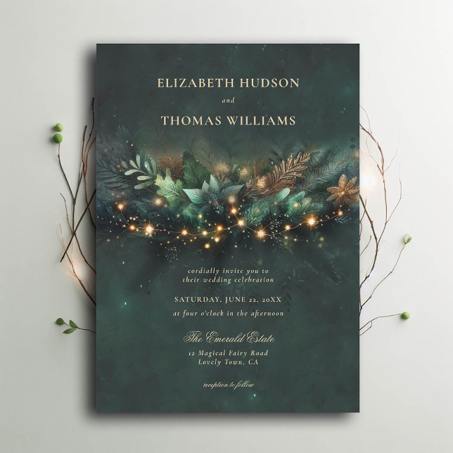 Invitation Mariage de la couronne d'or Enchanted Forest Fairy (enchanted forest wedding invitation emerald gold wreath typography modern classic)