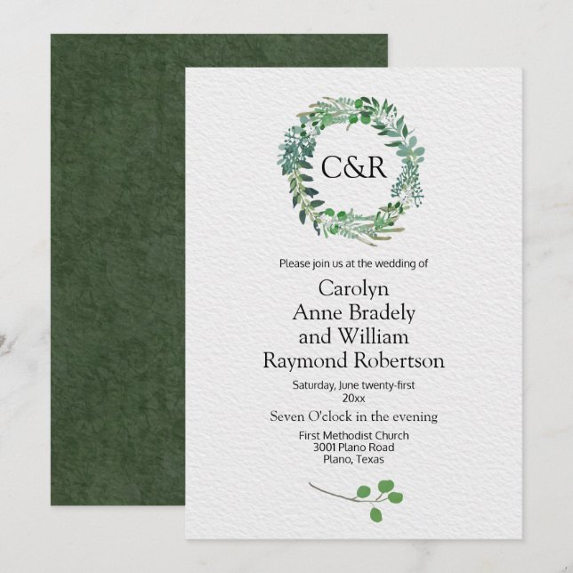 Invitation Mariage de la couronne verte de toute saison (Devant / Derrière)