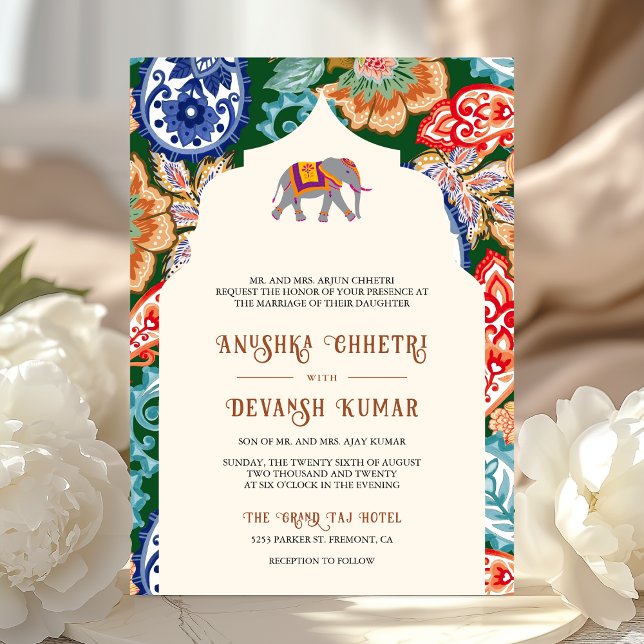 Invitation Mariage de la crème Elephant Art Populaire Indienn (Créateur téléchargé)