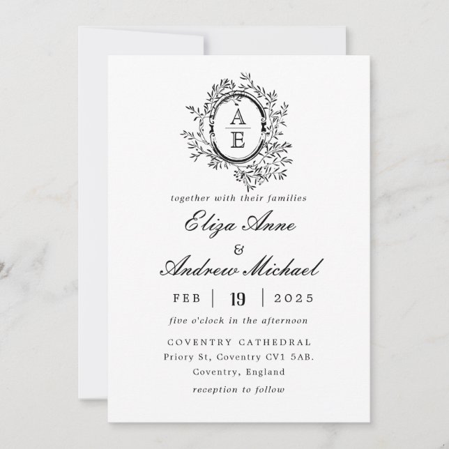 Invitation Mariage de la crête de monogramme royal noir et bl (Devant)