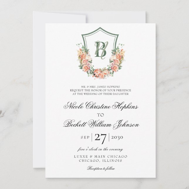 Invitation Mariage de la crête florale de Pêche (Devant)
