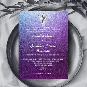 Invitation Mariage de la Croix chrétienne d'argent violet