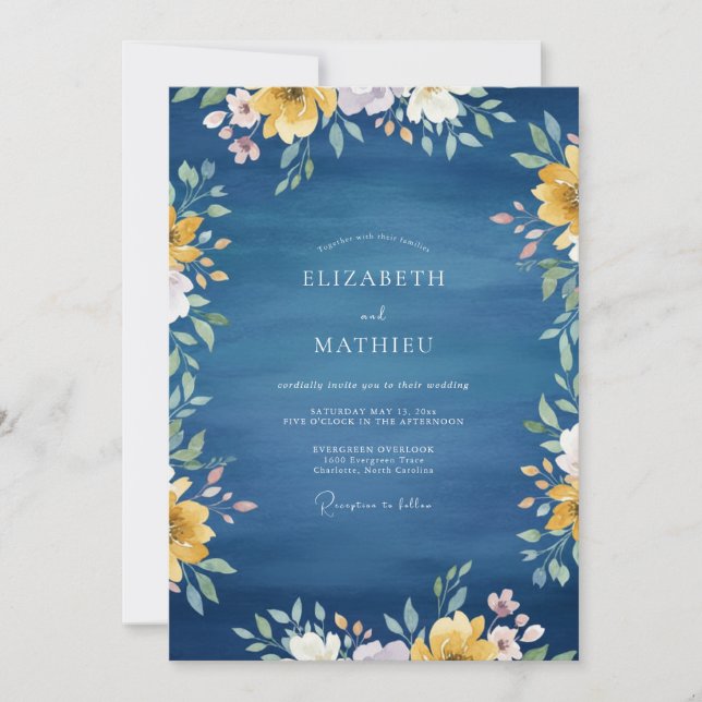 Invitation Mariage de la Fleur Sauvage Dorée de Minuit (Devant)