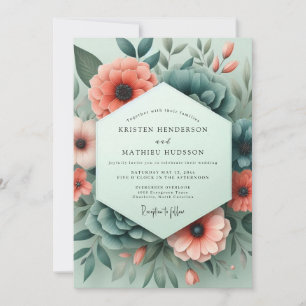 Invitation Mariage de la flore sombre au bleu-vert corail