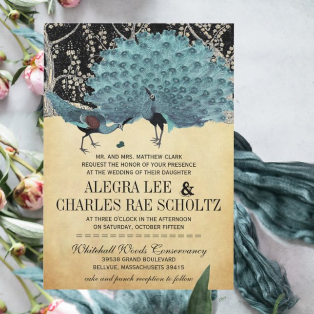 Invitation Mariage de la forêt de Peacock Bleu et Or (Créateur téléchargé)