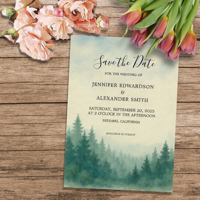 Invitation Mariage de la forêt de pins d'aquarelle Enregistre (Watercolor pine tree forest wedding Save the Date Invitation. For your rustic wedding.)