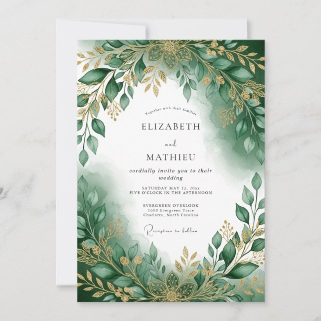 Invitation Mariage de la forêt en vert émeraude orné (Devant)