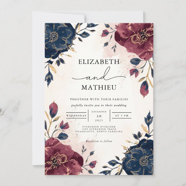 Invitation Mariage de la frontière botanique florale de la ma (Devant)